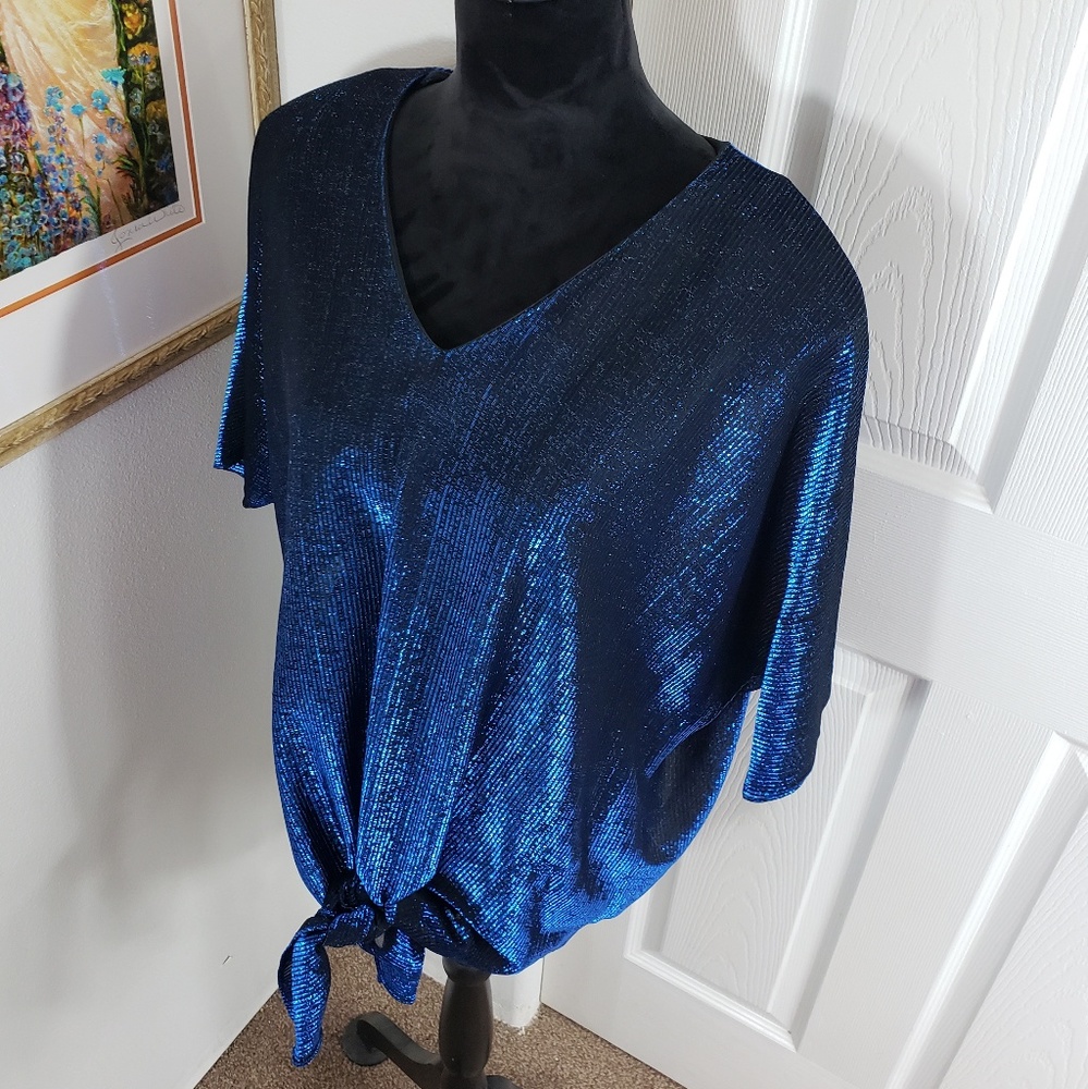 Vintage Black Blue Sparkle Tie Front Blouse sz L